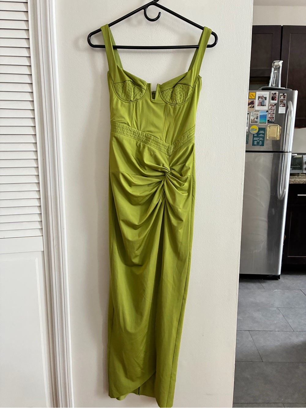 Green Satin Ruched Midi Dress